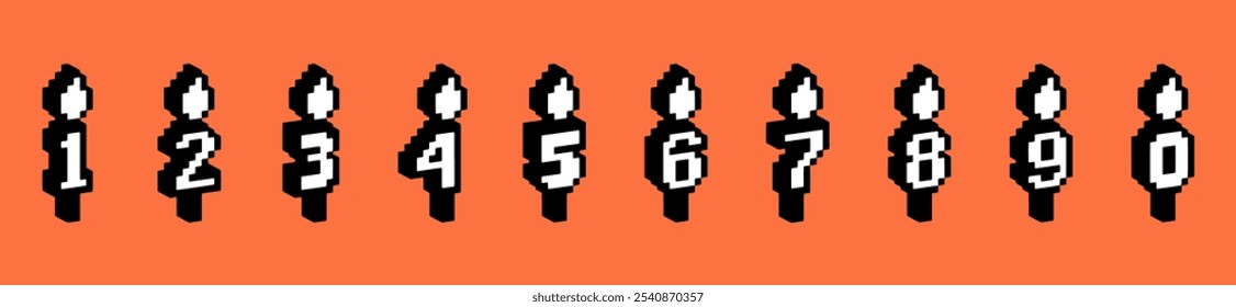 Set of Happy Birthday candle number icons. Vintage event decoration element in pixel art. Party design. Vector illustration. Y2k. Game abstract sticker for poster, collage, invitation, birthday card