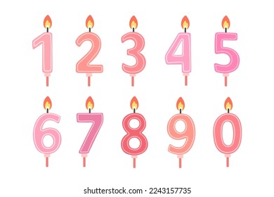 Set of Happy Birthday candle numbers. Pink color. Vector flat design