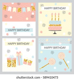 Set of Happy birthday card with golden sparkle, cake, garland and lollipop . Greeting cards in Doodle style, pastel colors. Vector illustration.