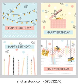 Set of Happy birthday card with golden sparkle, candle, garland, gift boxes . Greeting cards in Doodle style, pastel colors. Vector illustration.