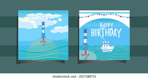 set of happy birthday card with marine motive