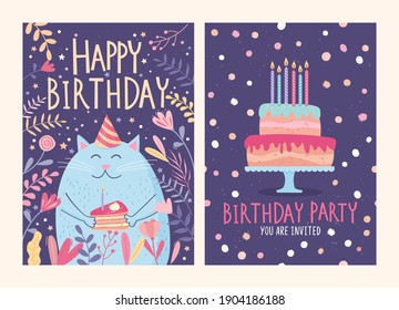 Set of Happy birthday card and party invitation with cute cat and cake with candles