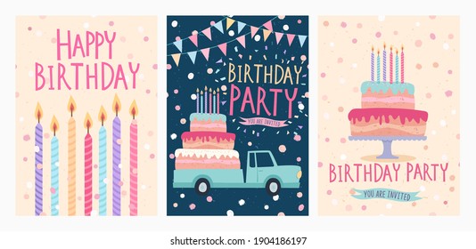 Set of Happy birthday card and party invitation with cute pickup truck and big cake with candles