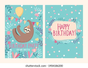 Set of Happy birthday card and party invitation with cute sloth