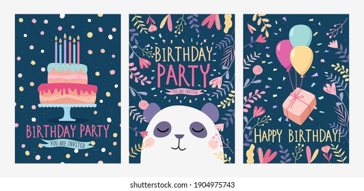 Set of Happy birthday card and party invitation with cute panda bear, cake with candles and gift box