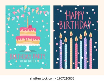 Set of Happy birthday card and party invitation with cake and candles