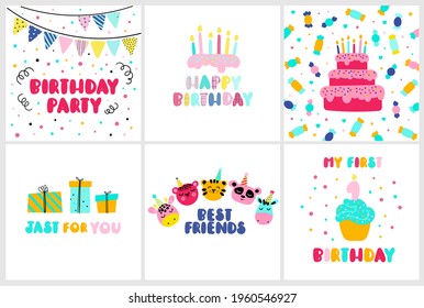 A set of happy birthday cards with cake and gifts. Vector illustrations in cartoon style. Animal faces.