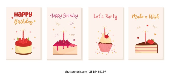 Set of Happy birthday cards with cake, cupcake, candles, confetti and calligraphy. Cute and elegant cards with tasty sweets. Vector illustration, flat style.