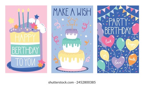 Set of Happy Birthday cards. Colorful greeting cards with birthday cake, candles, confetti and balloons. Designs for celebrating holiday. Cartoon flat vector illustrations isolated on white background