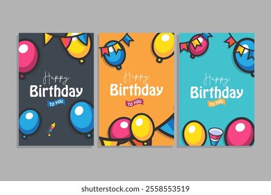 Set of Happy birthday cards with colorful balloons and bunting flags