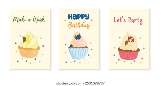 Conjunto de tarjetas de feliz cumpleaños con cupcakes, magdalenas, confeti y caligrafía. Tarjetas lindas y elegantes con sabrosos dulces. Ilustración vectorial, estilo plano.