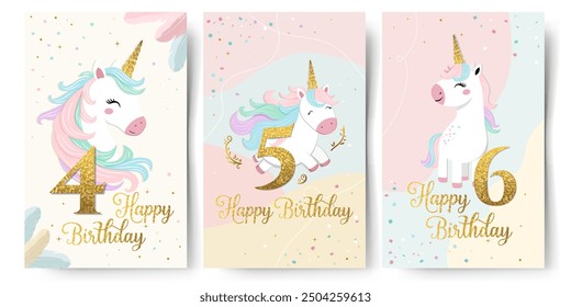 Conjunto de tarjetas de feliz cumpleaños con lindo unicornio y números dorados 4 5 6. Plantillas suaves, marcos. Cuerno de oro