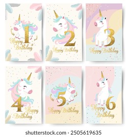 Set of Happy birthday cards with cute unicorn and golden numbers. Gentle unicorn Birthday greeting card, invitation