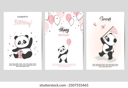 Set of Happy Birthday cards with cute panda bears. Vector illustration