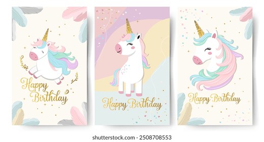 Set of Happy birthday cards with cute unicorn and golden text. Gentle templates, frames. Golden horn