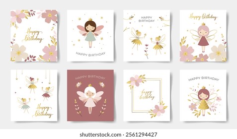 Set of happy birthday cards with a cute fairy. Gold lettering. Gentle fairies. Birthday templates, greeting card, invitation