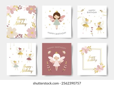 Set of happy birthday cards with a cute fairies and flowers. Gold lettering. Gentle fairies. Birthday templates