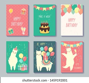 Set of happy birthday cards design. Greeting cards with cute llamas. Vector illustration.
