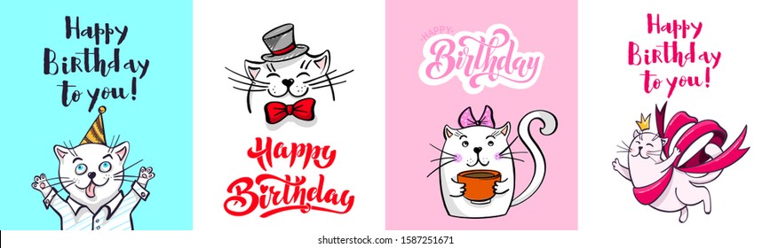 set of happy birthday cards in kawaii style. Satisfied cartoons cats