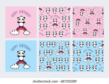 Set of Happy birthday cards. Seamless patterns with cute pandas and rainbows for children's textiles, wallpapers, gift wraps and scrapbook. Pink and blue backgrounds. Vector.