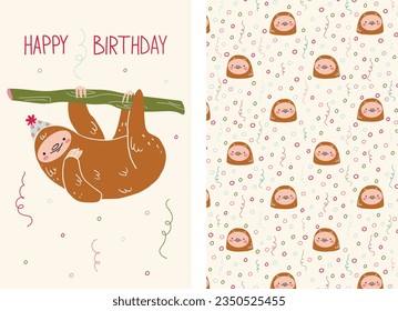 a set of Happy Birthday cards and two patterns with a Cute Sloth.