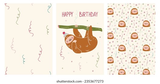 a set of Happy Birthday cards and two patterns with a Cute Sloth.