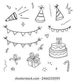 set of happy birthday celebration element decoration cartoon hand drawn doodle vector on white.