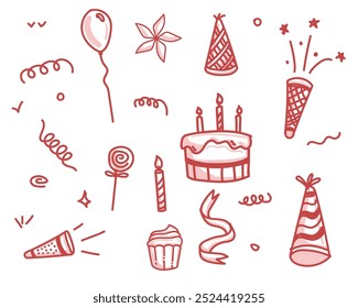 set of happy birthday celebration element decoration cartoon hand drawn doodle vector on white.
