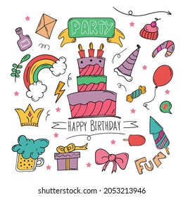 set of Happy Birthday doodle background in hand drawn colourful