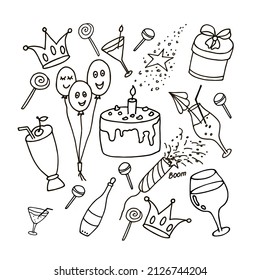 A set of Happy Birthday doodles. Elements for decorating parties, postcards, greeting letters. Hand-drawn illustration