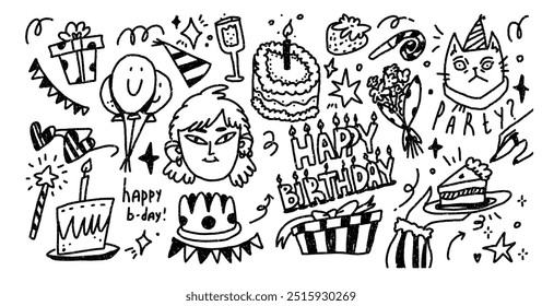 Set of happy birthday doodles. Party cake. Ellements collection and background. Scribble trendy sketches with jagged texture. Black brush line on white background