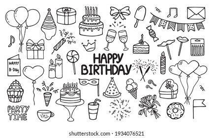 Set of Happy Birthday doodles. Sketch of party decoration, gift box, cake, party hats.
 Hand drawn vector illustration isolated on white background.