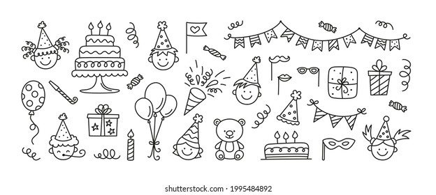 Juego de garabatos felices de cumpleaños. Esbozo de decoración de fiesta, carita graciosa y sonriente para niños, caja de regalo y lindo pastel con velas. Dibujando niños. Ilustración vectorial dibujada a mano aislada en fondo blanco