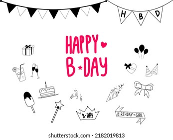 Set of Happy Birthday doodles. Sketch of party decoration, gift box, cake, party hats. Hand drawn vector illustration isolated on white background.