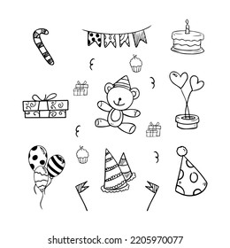 Set Of Happy Birthday Doodles. Sketch Of Party Decoration, Balloon Candy, Doll, Gift Box, Cake, Candle. Hand-drawn Vector Illustration Isolated On White Background.