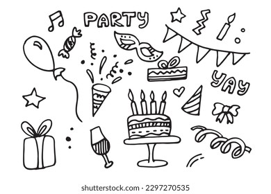 Juego de garabatos felices de cumpleaños. Esbozo de la decoración de la fiesta, caja de regalo, torta, sombreros de fiesta. Ilustración vectorial dibujada a mano aislada en fondo blanco.