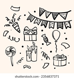 Set of Happy Birthday doodles. Sketch of party decoration, gift box, cake, party hats. Hand drawn vector illustration isolated on white background.