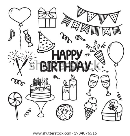 Set of Happy Birthday doodles. Sketch of party decoration, gift box, cake, party hats.
 Hand drawn vector illustration isolated on white background.