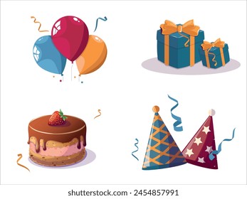 A set of "Happy birthday" - elements for the design of posters, invitations or greeting cards, patterns, stickers. Balloons, cake, hats, garland, cartoon-style gifts. Birthday concept design
