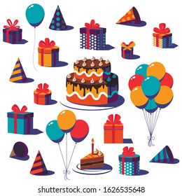 Set of Happy Birthday festive, party and celebration elements for greeting card. Gift box with ribbon and bow, party hat, balloon and cake isolated on white background. Stock vector illustration.