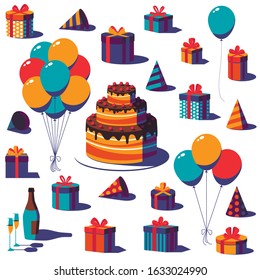 Set of Happy Birthday festive, party and celebration elements for greeting card. Gift box with ribbon and bow, party hat, balloon and cake isolated on white background. Stock vector illustration.