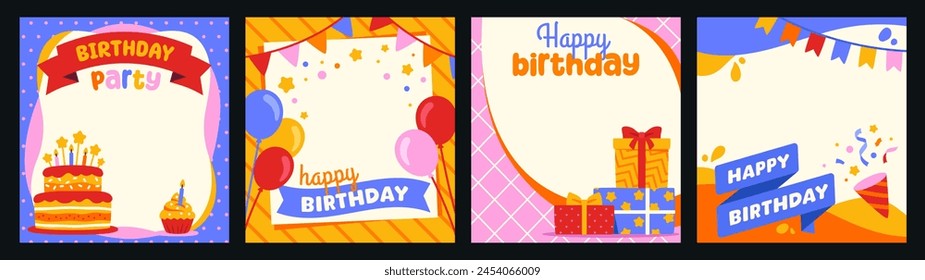 Set of Happy Birthday Frames. Greeting card templates or photo booth mockups with cake, gifts and balloons. Holiday and party celebration. Cartoon flat vector collection isolated on black background