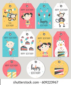 Set Of Happy Birthday Gift Tags And Cards. Vector Illustration