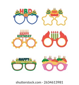 Set Happy Birthday Glasses Flat Icon Cartoon Illustration