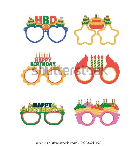 Set Happy Birthday Glasses Flat Icon Cartoon Illustration