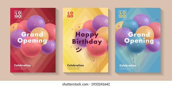 Set of happy birthday and grand opening posters with round festive balloons on bright backdrop