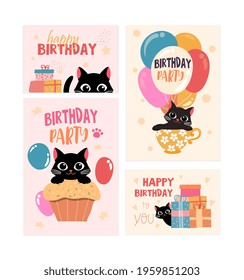 Set of happy birthday greeting card and party invitation with black cat. Cute smiling cat with colorful baloons, presents and sweets. Flat cartoon vector illustration