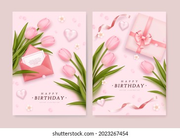 Set of happy birthday greeting card with realistic pink tulip, envelope and gift box. Vector illustration