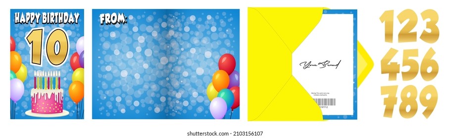 Set of Happy birthday greeting card and party invitation, front, back, open, in vector format