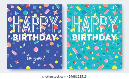 Set of Happy Birthday greeting card with colorful confetti.